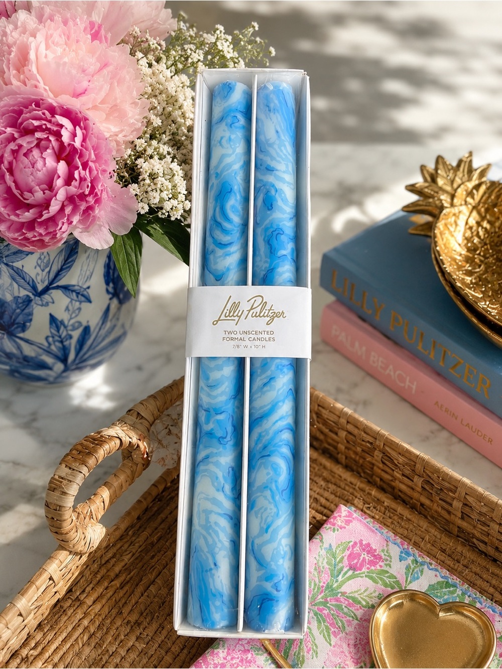 Lilly Pulitzer Blue Marble Formal Taper Candles - Pair